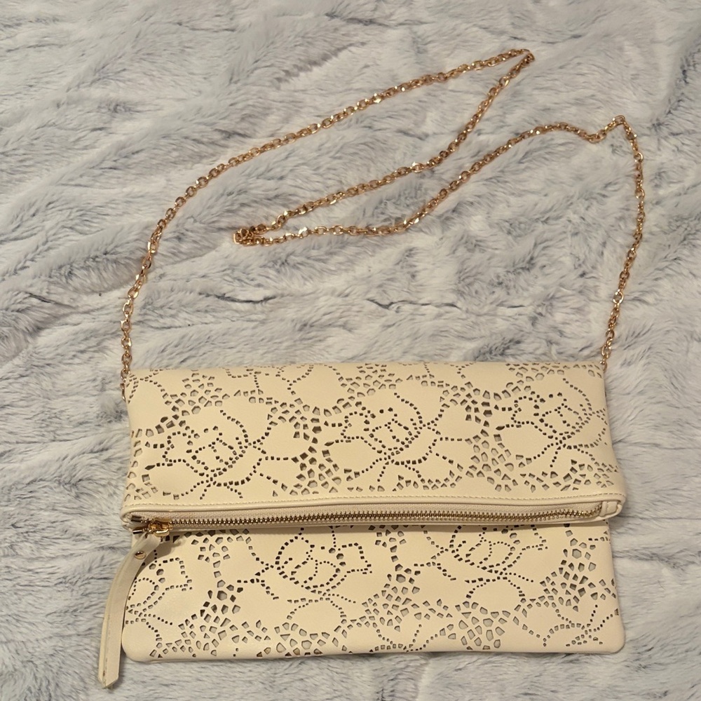 Chic Cream Clutch with Gold Chain